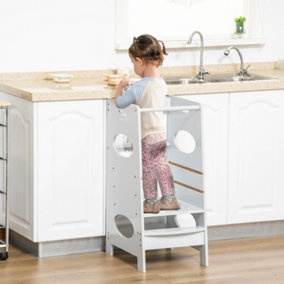 HOMCOM Kids Step Stool Toddler Kitchen Stool w/ Adjustable Standing Platform- Grey