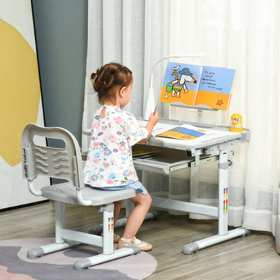 HOMCOM Kids Study Desk and Chair Set w/ USB Lamp, Adjustable Height, Grey