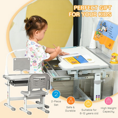 HOMCOM Kids Study Desk and Chair Set w/ USB Lamp, Adjustable Height, Grey