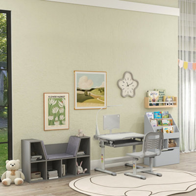 HOMCOM Kids Study Desk and Chair Set w/ USB Lamp, Adjustable Height, Grey