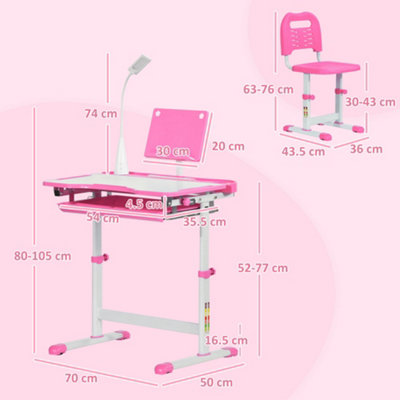 HOMCOM Kids Study Desk and Chair Set w/ USB Lamp, Adjustable Height, Pink