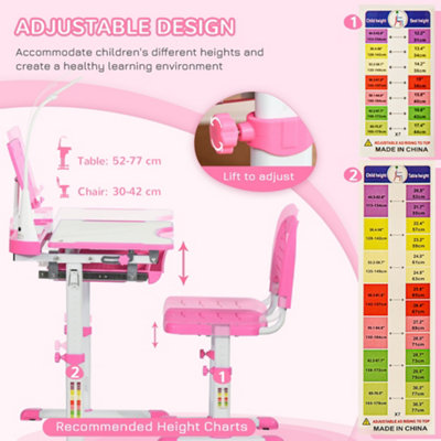 HOMCOM Kids Study Desk and Chair Set w/ USB Lamp, Adjustable