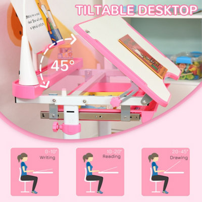 HOMCOM Kids Study Desk and Chair Set w/ USB Lamp, Adjustable Height, Pink