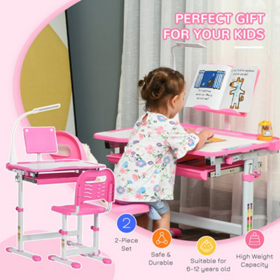 HOMCOM Kids Study Desk and Chair Set w USB Lamp Adjustable Height Pink