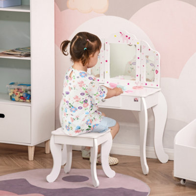 HOMCOM Kids Vanity Table & Stool Girls Dressing Set w/ Rotatable Mirror Drawer