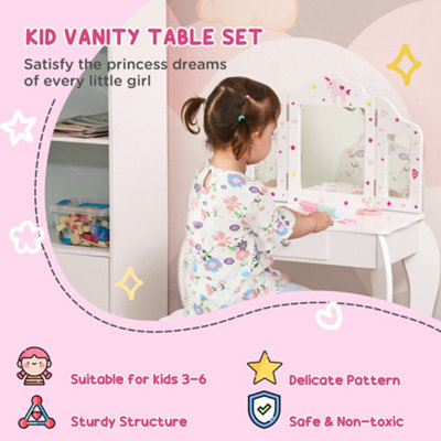 HOMCOM Kids Vanity Table Stool Girls Dressing Set w Rotatable Mirror Drawer
