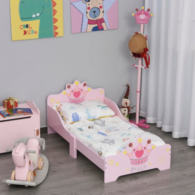 HOMCOM Kids Wooden Princess Crown & Flower Single Bed Safety Side Rails Slats