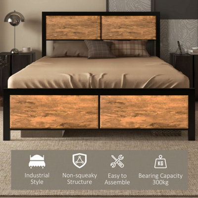HOMCOM King Size Bed Frame Steel Bed Base with Headboard 160 x 207cm Brown