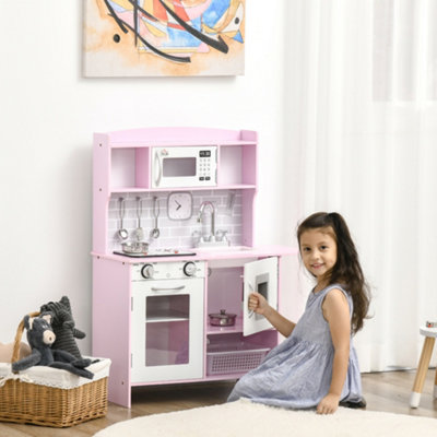 HOMCOM Kitchen Set for Kids W/ Lights Sounds, Microwave, Sink, for Aged 3-6