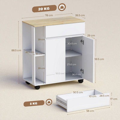 HOMCOM Kitchen Storage Trolley Cart with Drawer and Shelves, White