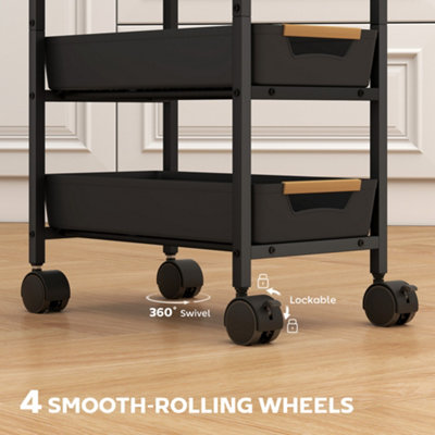 HOMCOM Kitchen Storage Trolley Mobile Utility Cart for Kitchen Office Black