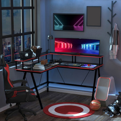 L shaped gaming desk new arrivals with monitor shelf