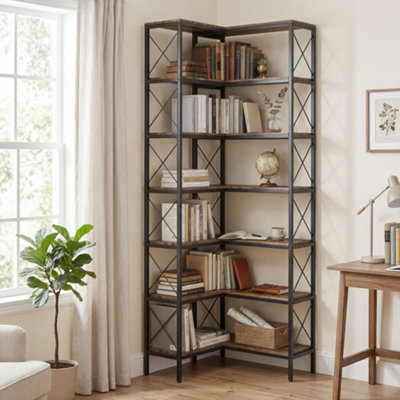 HOMCOM L-Shaped Bookshelf, 6-Tier Bookcase with Metal Frame, Rustic Brown