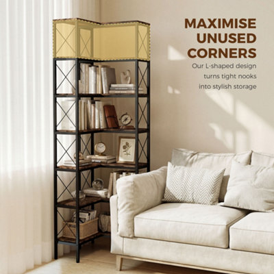 HOMCOM L-Shaped Bookshelf, 6-Tier Bookcase with Metal Frame, Rustic Brown