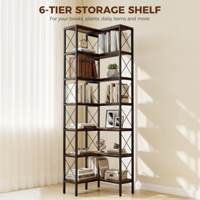 HOMCOM L-Shaped Bookshelf, 6-Tier Bookcase with Metal Frame, Rustic Brown