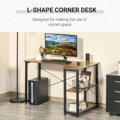 HOMCOM L-Shaped Computer Desk Study Workstation with 2 Shelves, Steel Frame