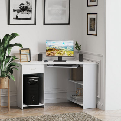 Space Saving Corner Computer Desk with 2 Large Drawers and Storage Shelf-White