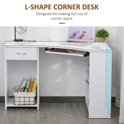HOMCOM L-Shaped Corner Computer Desk w/ 2 Shelves Worktop Keyboard Tray White