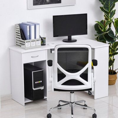 HOMCOM L-Shaped Corner Computer Desk w/ 2 Shelves Worktop Keyboard Tray White