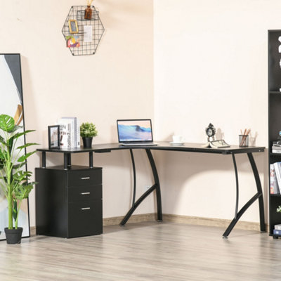 HOMCOM L Shaped Computer Desk with Storage Shelves Home Office Desk with Drawers and Cabinets Black