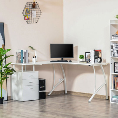 White l shaped desk outlet with wood top