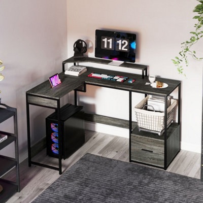 HOMCOM L Shaped Desk, Computer Table with Liftable Desktop, Charcoal Grey