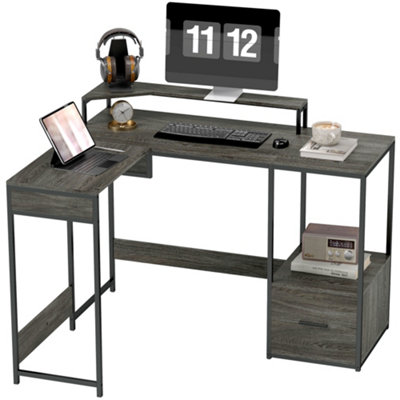 HOMCOM L Shaped Desk, Computer Table with Liftable Desktop, Charcoal Grey