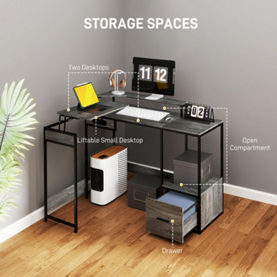HOMCOM L Shaped Desk, Computer Table with Liftable Desktop, Charcoal Grey