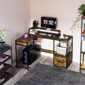 HOMCOM L Shaped Desk, Computer Table with Liftable Desktop, Rustic Brown