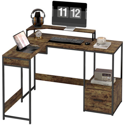 HOMCOM L Shaped Desk, Computer Table with Liftable Desktop, Rustic Brown