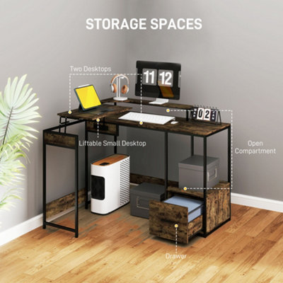 HOMCOM L Shaped Desk, Computer Table with Liftable Desktop, Rustic Brown