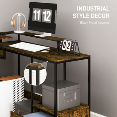HOMCOM L Shaped Desk, Computer Table with Liftable Desktop, Rustic Brown