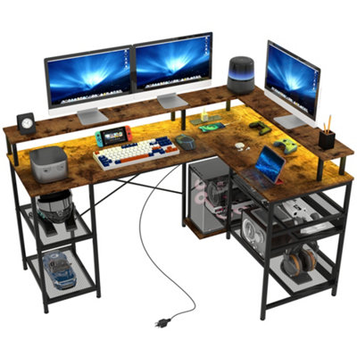 HOMCOM L Shaped Gaming Desk w/ LED Lights and Power Outlets for Small Space