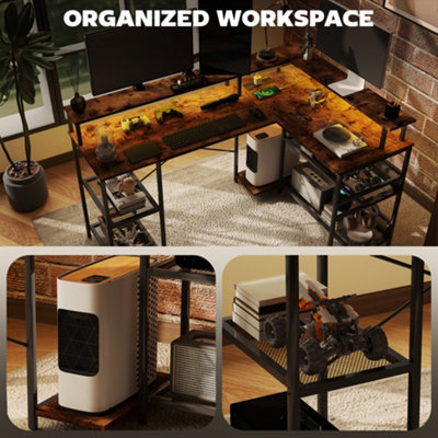 HOMCOM L Shaped Gaming Desk w/ LED Lights and Power Outlets for Small Space