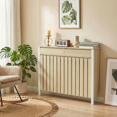 HOMCOM Large Radiator Cover with Drawers and Vertical Slats Oak