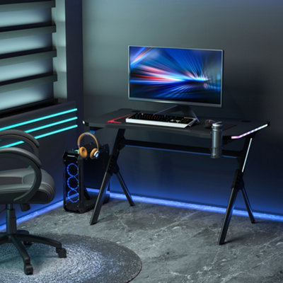 HOMCOM LED Game Office Desk Computer with Cup Holder 2 Cable Management ...