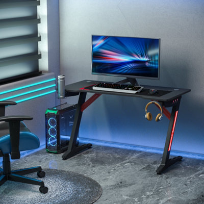 LED Gaming Desk Computer Table with Cup Holder Headphone Hook