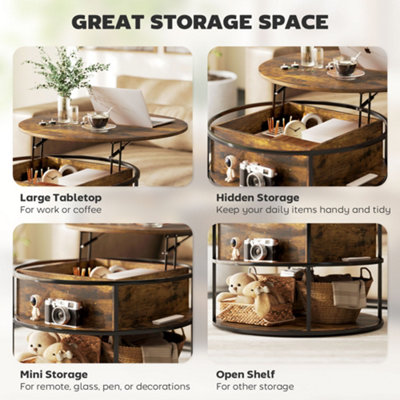 HOMCOM Lift Top Coffee Table, Round Coffee Table with Hidden Storage, Brown