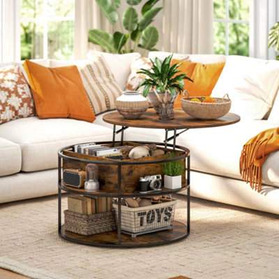 HOMCOM Lift Top Coffee Table, Round Coffee Table with Hidden Storage, Brown
