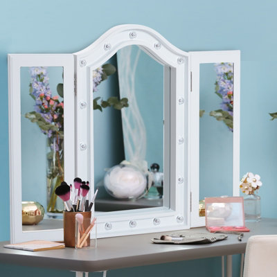 HOMCOM Lighted Tri-Fold Vanity Mirror Large Cosmetic Mirror w/ LED Lights White