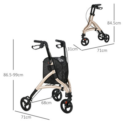 HOMCOM Lightweight Aluminium 3-Wheel Rollator with Adjustable Handle Storage Bag