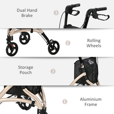 HOMCOM Lightweight Aluminium 3-Wheel Rollator with Adjustable Handle Storage Bag