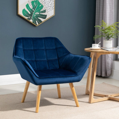 HOMCOM Luxe Velvet-Feel Accent Chair w/ Wide Arms Slanted Back Wood Legs Blue