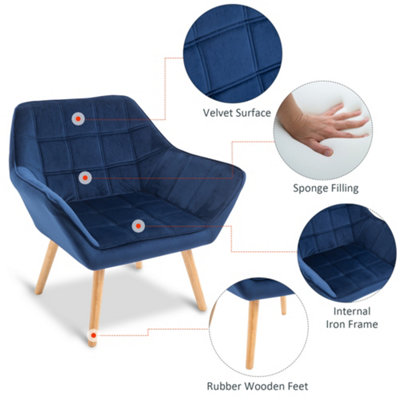 HOMCOM Luxe Velvet-Feel Accent Chair w/ Wide Arms Slanted Back Wood Legs Blue