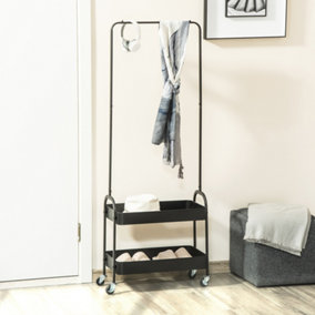 HOMCOM Metal Clothes Rack with Shoe Stand, Clothing Rail on Wheels w/ 2 Basket