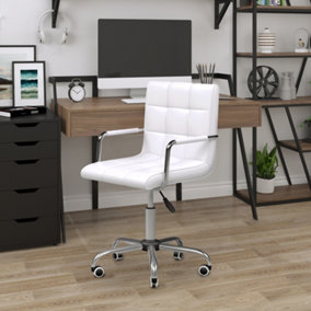 HOMCOM Mid Back PU Leather Home Office Desk Chair Swivel Computer Salon Stool with Arm, Wheels, Height Adjustable, White