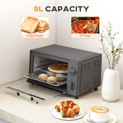 HOMCOM Mini Oven 9L Countertop Toaster Oven with Timer Control 750W Grey