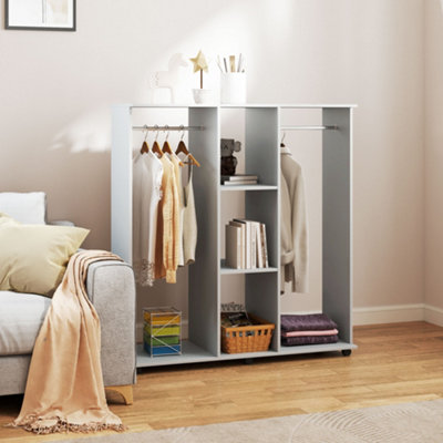 HOMCOM Mobile Double Open Wardrobe w Clothes Hanging Rail Clothing Grey