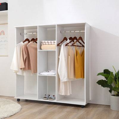 HOMCOM Mobile Double Open Wardrobe w/ Clothes Hanging Rail Colthing White