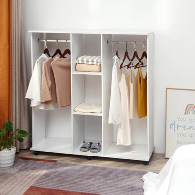 HOMCOM Mobile Double Open Wardrobe w/ Clothes Hanging Rail Colthing White